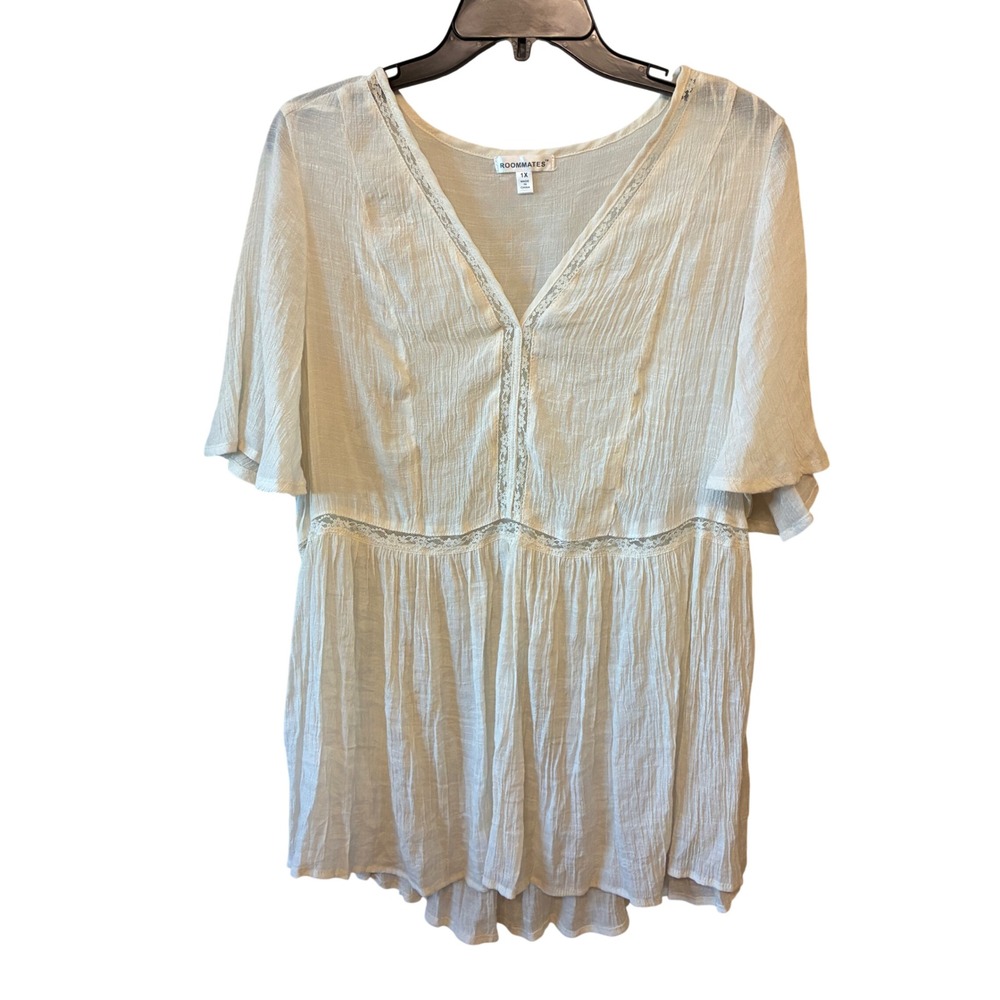 Y2K Lace Trim Babydoll Slip Dress / Blouse Women Size 1X Ivory Sheer Lace